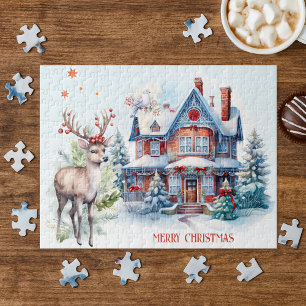 Niedliches Hirschkuchen Zuhause Weihnachtspuzzle Puzzle