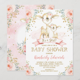 Niedliches Hirschmädchen Kinderdusche Rosa Rose Einladung