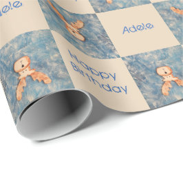 Niedliches Hirschreindeer Blauer Happy Geburtstags Geschenkpapier