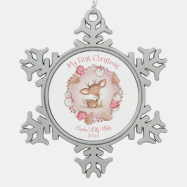 Niedliches Hirschrosa Erstes Weihnachtsmädchen Schneeflocken Zinn-Ornament
