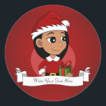 Niedliches Hispanic-Mädchen mit langen schwarzen H Runder Aufkleber<br><div class="desc">Rundaufkleber mit einer Illustration eines niedlichen kleinen,  fröhlichen Lächelnden Latina/Hispanic oder asiatischen Mädchens mit langem schwarzem Haar,  das in Weihnachtskleider gekleidet ist und ein rotes Weihnachtsgeschenk trägt; Weihnachtsferien auf rotem Hintergrund mit einer bearbeitbaren Textvorlage für Ihren Namen oder Ihre Nachricht</div>