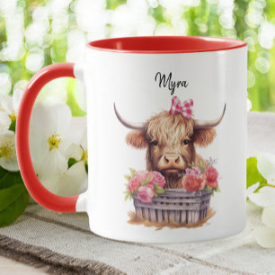 Niedliches Hochland Kuh Rosa Floral Wasserfarbe Va Tasse