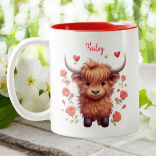 Niedliches Hochland Kuh Rosa Herz Floral Valentine Zweifarbige Tasse