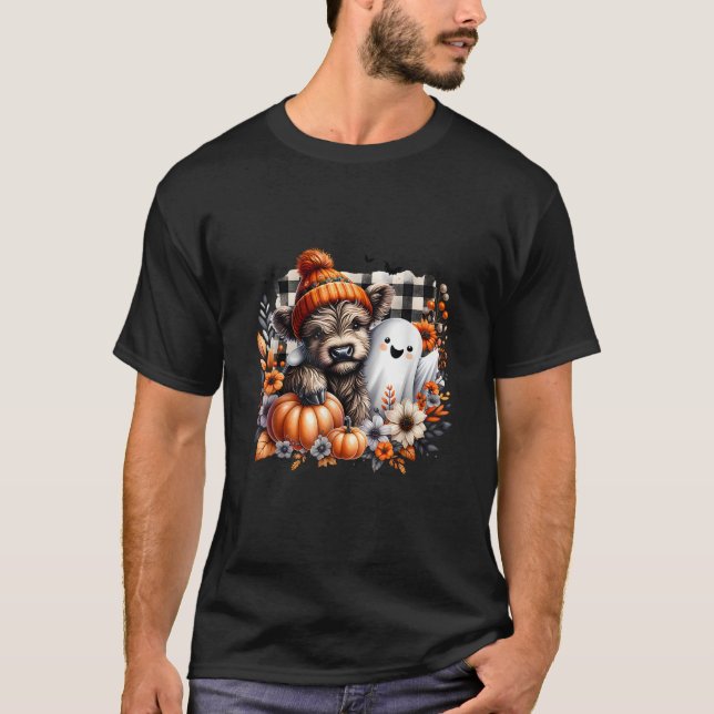 Niedliches HochlandkuhHalloween mit Ghost Pumpkin  T-Shirt (Vorderseite)