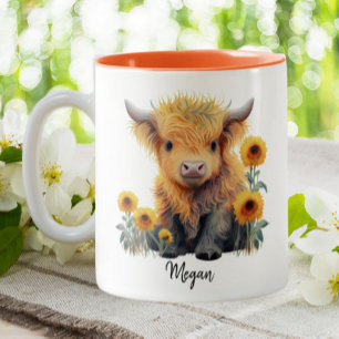 Niedliches Hochlandkuhkalb Sonnenblumen Personalis Zweifarbige Tasse