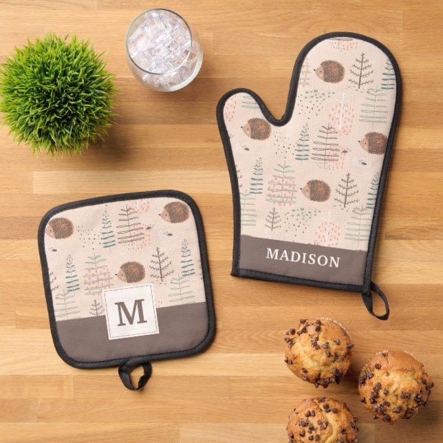 Niedliches Holz Igel Muster Ofenhandschuh & Topflappen-Set (Oben Unten)