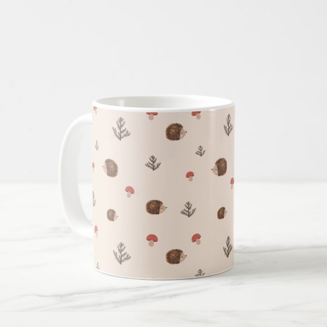 Niedliches Holz Igel- und Pilzmuster Kaffeetasse (Vorderseite Links)