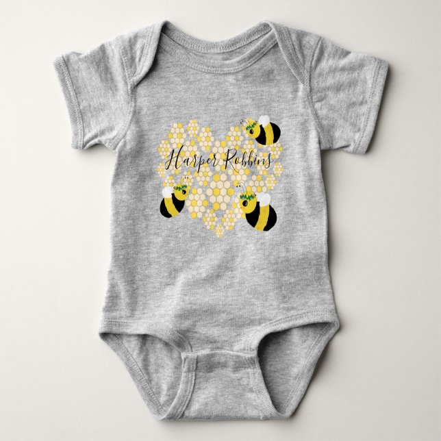Niedliches Honey Bee Honeycomb Herz mit Namen Baby Strampler (Vorderseite)
