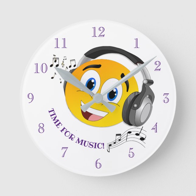 Niedliches Hören von Musik-Emoji Runde Wanduhr (Vorderseite)