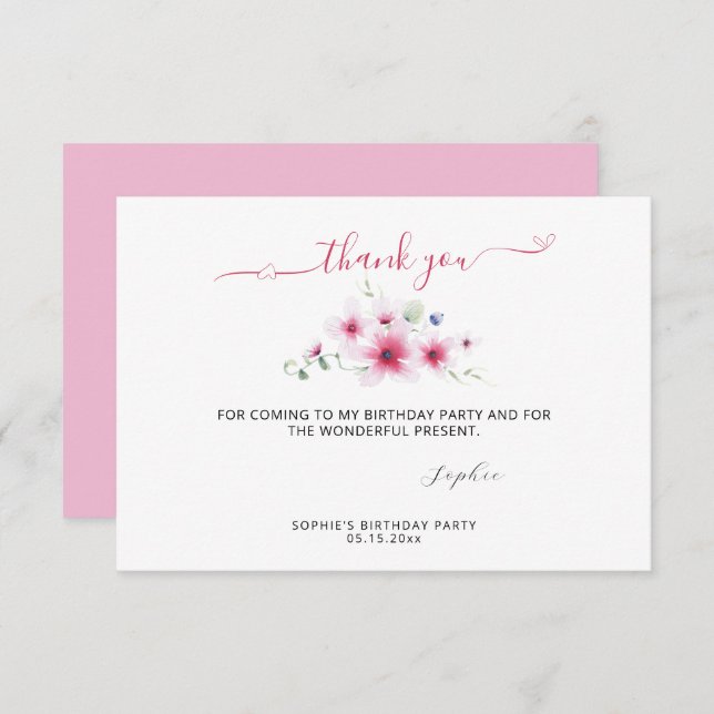 Niedliches Hot Pink Mai Blume Wasserfarbene Girl G Dankeskarte (Vorne/Hinten)
