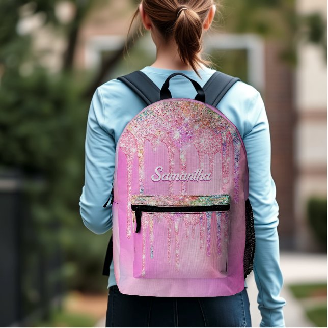 Niedliches Hot Pink Rainbow Glitzer Tropfen Monogr Bedruckter Rucksack (Von Creator hochgeladen)