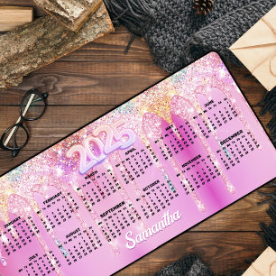 Niedliches Hot Pink Rainbow Glitzer Tropfen Monogr Schreibtischunterlage