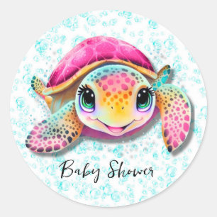 Niedliches Hot Pink und Aquamarine Turtle Girl Bab Runder Aufkleber