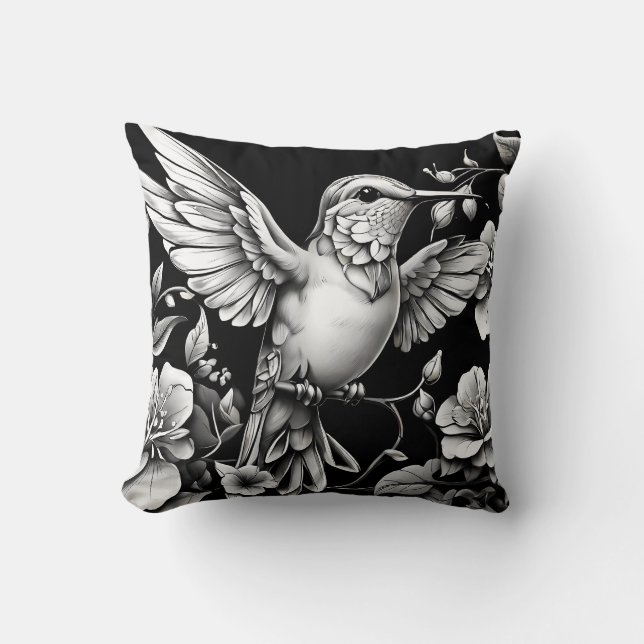 Niedliches Hummingbird Black & White Designer Kiss Kissen (Vorderseite)