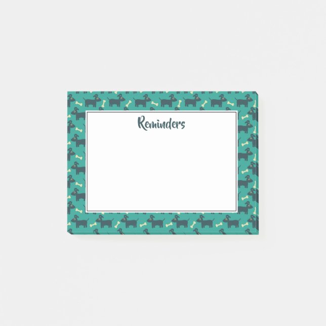 Niedliches Hundsmuster mit Knochen auf grünem Hint Post-it Klebezettel (Vorderseite)