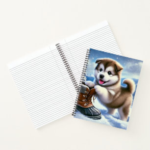 Niedliches Husky Puppy Playing in Snowy Winter Lan Notizbuch