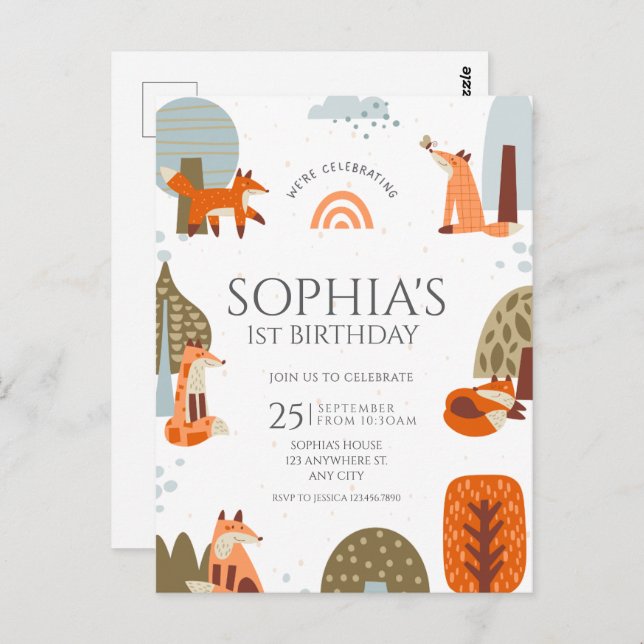 Niedliches illustriertes Foxwäldchen zum ersten Ge Postkarte (Vorne/Hinten)