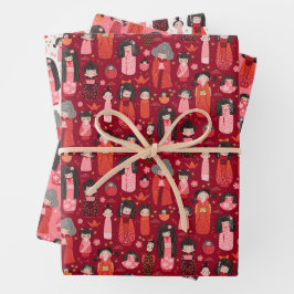 Niedliches Illustriertes japanisches Kokeshi-Set v Geschenkpapier Set