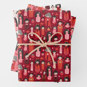 Niedliches Illustriertes japanisches Kokeshi-Set v Geschenkpapier Set
