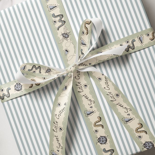 Niedliches Insekt Boho Pastels Blue Sage Cream Bab Ripsband (Baby Shower Insect BugsRibbon in Sage Green, Cream, and French Blue. Blue Hearts and Cute Insects.)