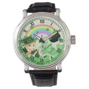Niedliches irisches chibi Koboldmädchen mit Topf Armbanduhr