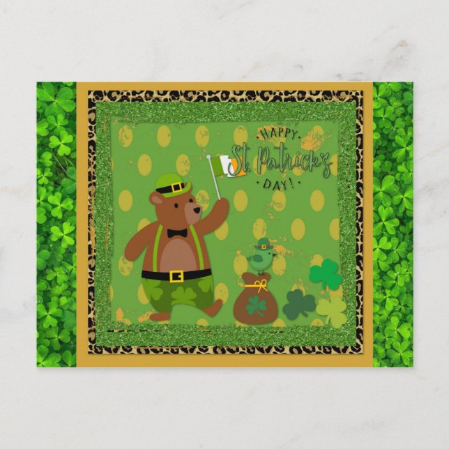 Niedliches irisches St Patrick's Day Bear Green Kl Postkarte (Vorderseite)