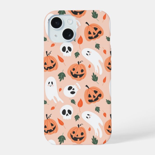Niedliches Jack-O-Lantern- und Ghost-Muster iPhone 15 Hülle (Rückseite)