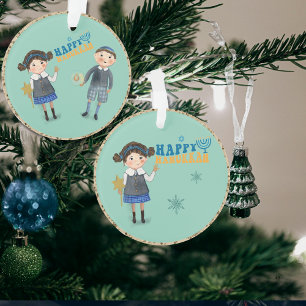 Niedliches jüdisches Couple Happy Hanukkah Aquamar Ornament