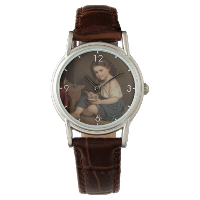 Niedliches Jung-Girl-Eating-Frühstück (Vintage Kun Armbanduhr (Vorderseite)