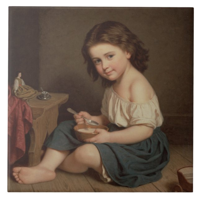 Niedliches Jung-Girl-Eating-Frühstück (Vintage Kun Fliese (Vorderseite)