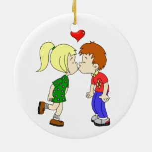 Niedliches Junge Mädchen küsst Cartoon Keramik Ornament
