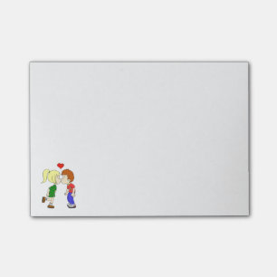 Niedliches Jungenmädchen küsst Cartoon Post-it Klebezettel