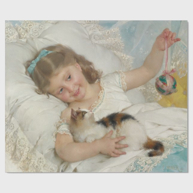 Niedliches junges Mädchen, das mit ihrer Hauskatze Geschenkpapier (Flach)