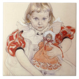 Niedliches Jungmädchen mit Puppe (Kinderkunst) Fliese