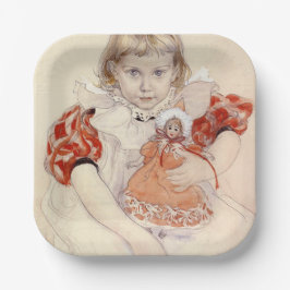 Niedliches Jungmädchen mit Puppe (Kinderkunst) Pappteller