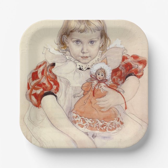 Niedliches Jungmädchen mit Puppe (Kinderkunst) Pappteller (Vorderseite)