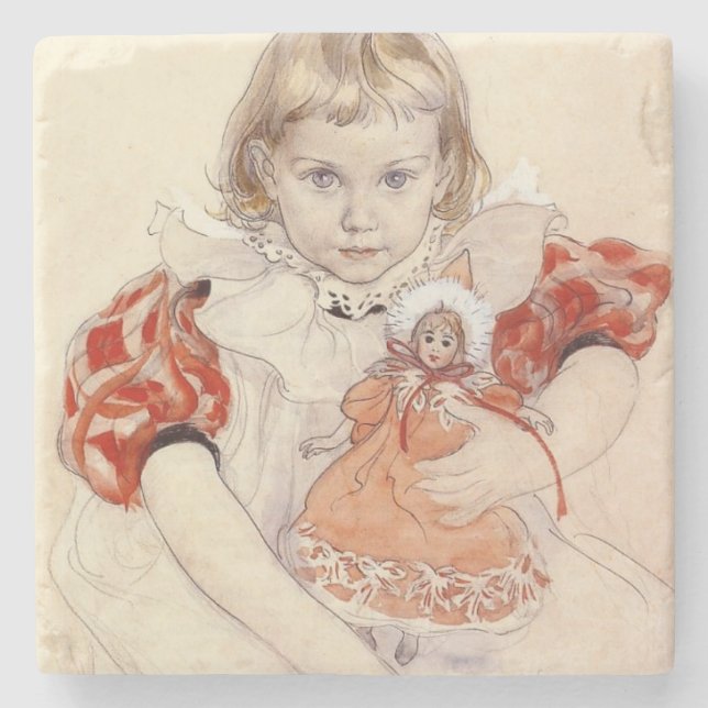 Niedliches Jungmädchen mit Puppe (Kinderkunst) Steinuntersetzer (Vorderseite)