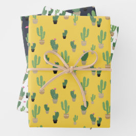 Niedliches Kaktus Gelbes blaues Muster Wrapping Geschenkpapier Set