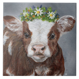 Niedliches Kalb mit Blumenkrone Fliese
