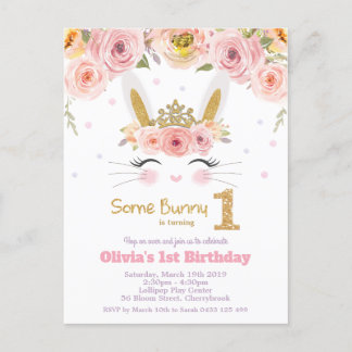Niedliches Kaninchen 1. Geburtstag Pink Blütenbrau Einladungspostkarte