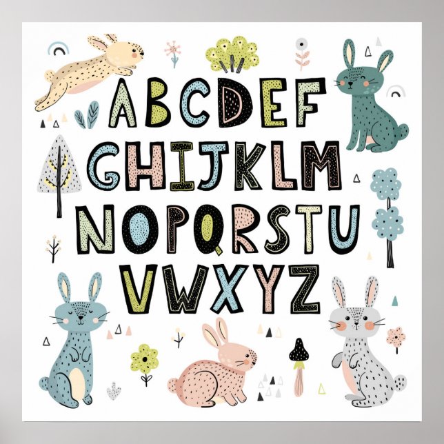 Niedliches Kaninchen ABC Alphabet Briefe Erziehung Poster (Vorne)
