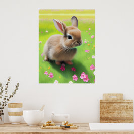 Niedliches Kaninchen auf einer Blume-Wiese Poster