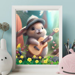 Niedliches Kaninchen Gitarre spielen im Garten der Poster