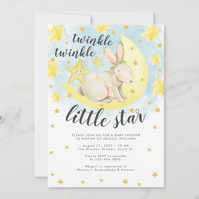 Niedliches Kaninchen Gold Twinkle Little Star Baby Einladung (Vorderseite)