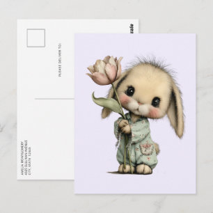 Niedliches Kaninchen hält eine Tulpe Postkarte