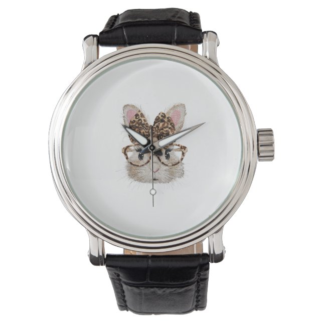 Niedliches Kaninchen-Hasen-Gesicht Leopard Coquett Armbanduhr (Vorderseite)