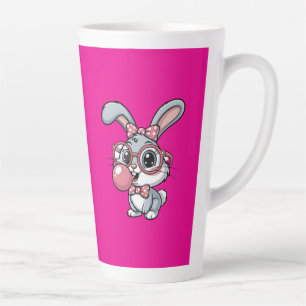 Niedliches Kaninchen mit Brille, das Kaugummi bläs Milchtasse