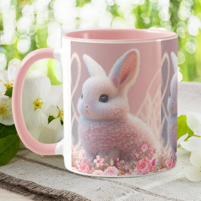 Niedliches Kaninchen Rosa Blumenzauber Hintergrund Tasse (Von Creator hochgeladen)