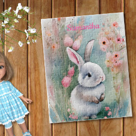 Niedliches Kaninchen und Wasserfarbenfrohe Frühlin Puzzle