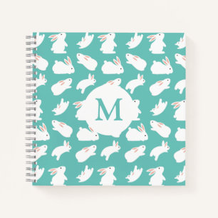 Niedliches Kaninchenmuster auf Aquamarinem Monogra Notizbuch